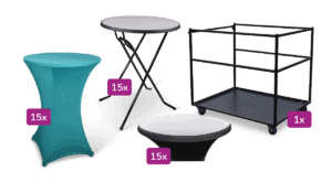 Statafel met 15 bekers, 15 stoelen en een transportkar.