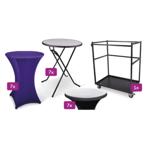 Statafel met zwarte tafel en accessoires voor evenementen, inclusief 7 statafels, 7 tafelkleden en e.
