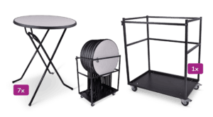 Opvouwbare tafel, kabelhaspel en transportwagen voor evenementen en verhuur.