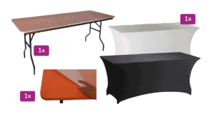 Tafel met houten blad, ideaal voor evenementen en vergaderingen.