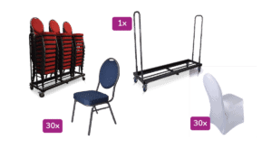 Stapelbare stoelen en stoel met hoes voor evenementen en vergaderingen.