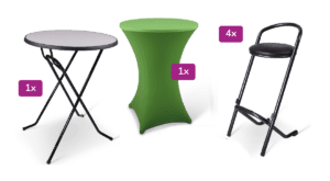 Statafelset met 4 stoelen en tafel, inclusief beschermhoezen voor evenementen.
