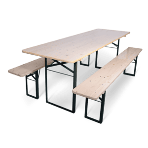 Houten picknicktafel met zwart metalen frame, geschikt voor buitengebruik.