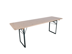 Houten werkbank met metalen poten, ideaal voor werkplaatsen en ateliers.