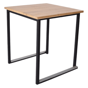 Moderne houten bureau met zwart metalen frame, ideaal voor kantoor of thuiswerk.