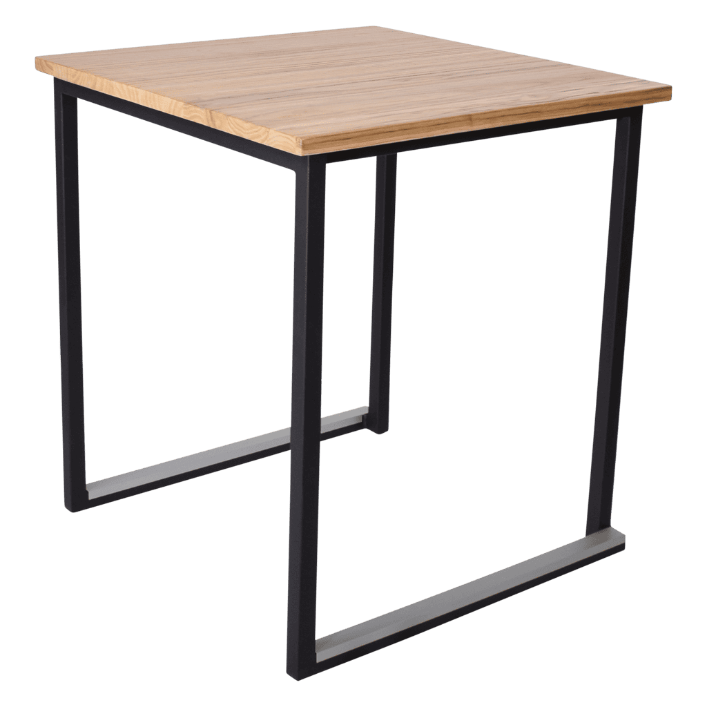 Moderne houten bureau met zwart metalen frame, ideaal voor kantoor of thuiswerk.