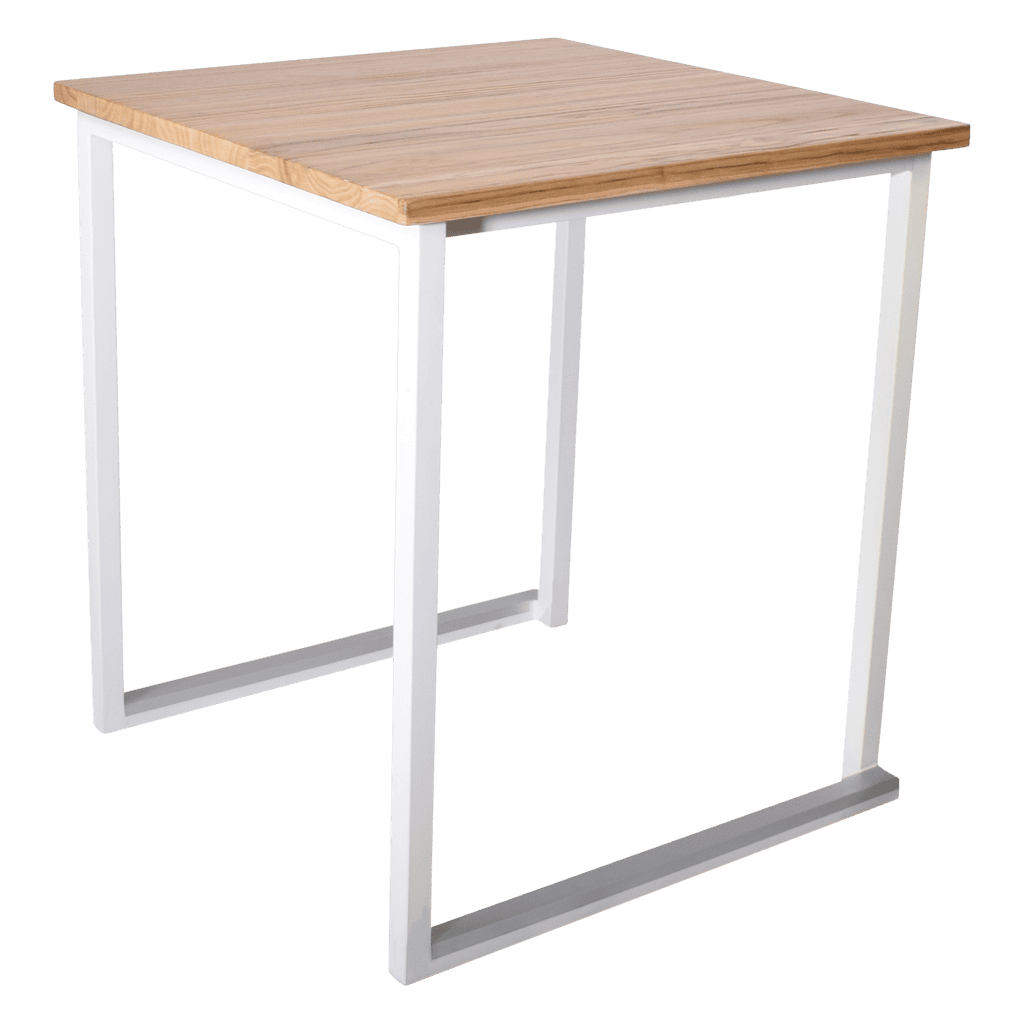 Houten tafel met wit metalen frame, ideaal voor kantoor of thuisgebruik.