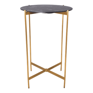 Bijzettafel met zwart marmeren blad en gouden metalen frame.