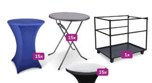 Statafel met hoes, opbergwagen en accessoires voor evenementen.