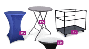 Statafel met zwarte tafel en 12 bijpassende stoelen, inclusief rolwagen en afdekhoes.