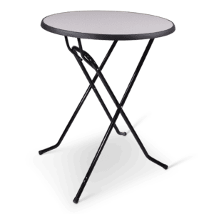 Tuintafel met metalen frame en ronde tafelblad, geschikt voor buitengebruik.