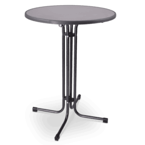 Tafel met ronde top en metalen onderstel, geschikt voor binnen en buitengebruik.