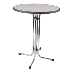 Tafel met ronde top en metalen onderstel, geschikt voor kantoor of thuisgebruik.