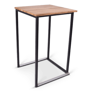 Hoge tafel met houten blad en metalen frame, ideaal voor horeca en evenementen.