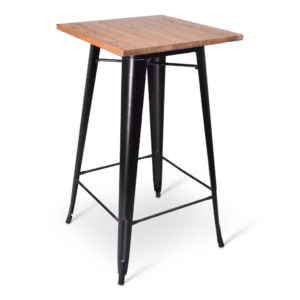 Hoge bartafel met houten blad en metalen frame, ideaal voor horeca en thuisgebruik.
