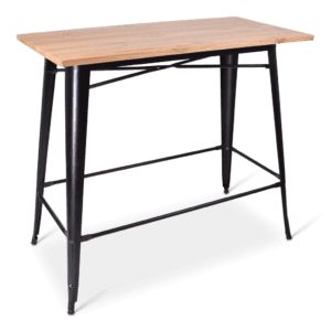 Eettafel met houten blad en zwart metalen onderstel voor moderne eetkamer.