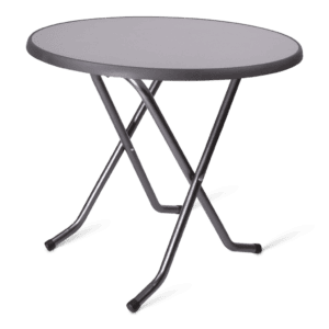 Statafel met metalen poten en ronde tafelblad, geschikt voor evenementen en horeca.