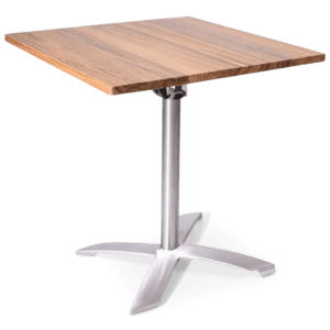 Moderne houten tafel met metalen onderstel, geschikt voor kantoor of eetkamer.