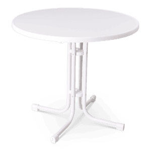 Statafel met ronde witte top en stevige metalen poten.