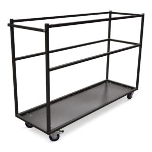 Robuuste werkwagen met drie planken en wielen voor opslag.