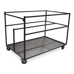 Veiligheidswagen voor transport en opslag met metalen frame en wielen.