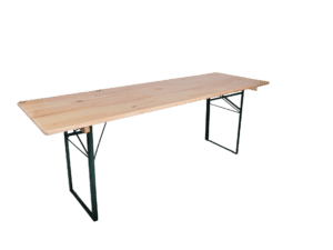 Houten werktafel met metalen poten, ideaal voor werkplaatsen en keukens.