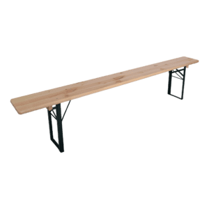 Robuust houten bankje met metalen poten, ideaal voor binnen en buitengebruik.