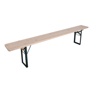 Houten bank met metalen poten, geschikt voor binnen en buiten gebruik.