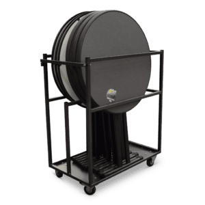 Bordenwagen met ronde tafelbladen voor catering en evenementen.