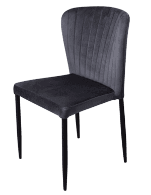 Elegante velvet eetkamerstoel met gestikte rugleuning en zwarte poten.