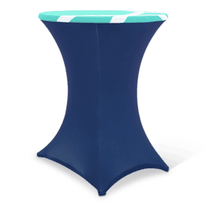 Tafeltje met blauwe stretchstof en mintgroene rand, geschikt voor evenementen en feesten.