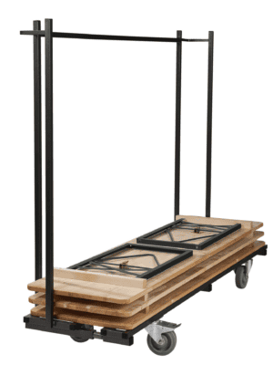 Hefwagen met houten planken en transportwielen voor gemakkelijk verplaatsen.