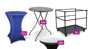 Draaibare statafel met 12 bijpassende stoelen en een zwarte kar.