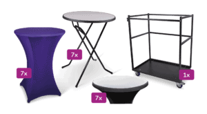 Kleine transportwagen met statafel, stretchrok en topcover voor evenementen.