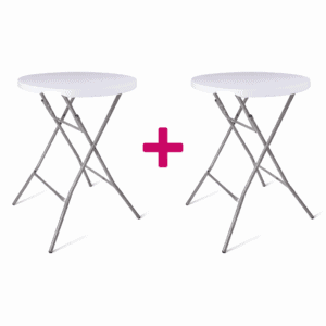 Twee witte opvouwbare tafels voor evenementen en feesten.
