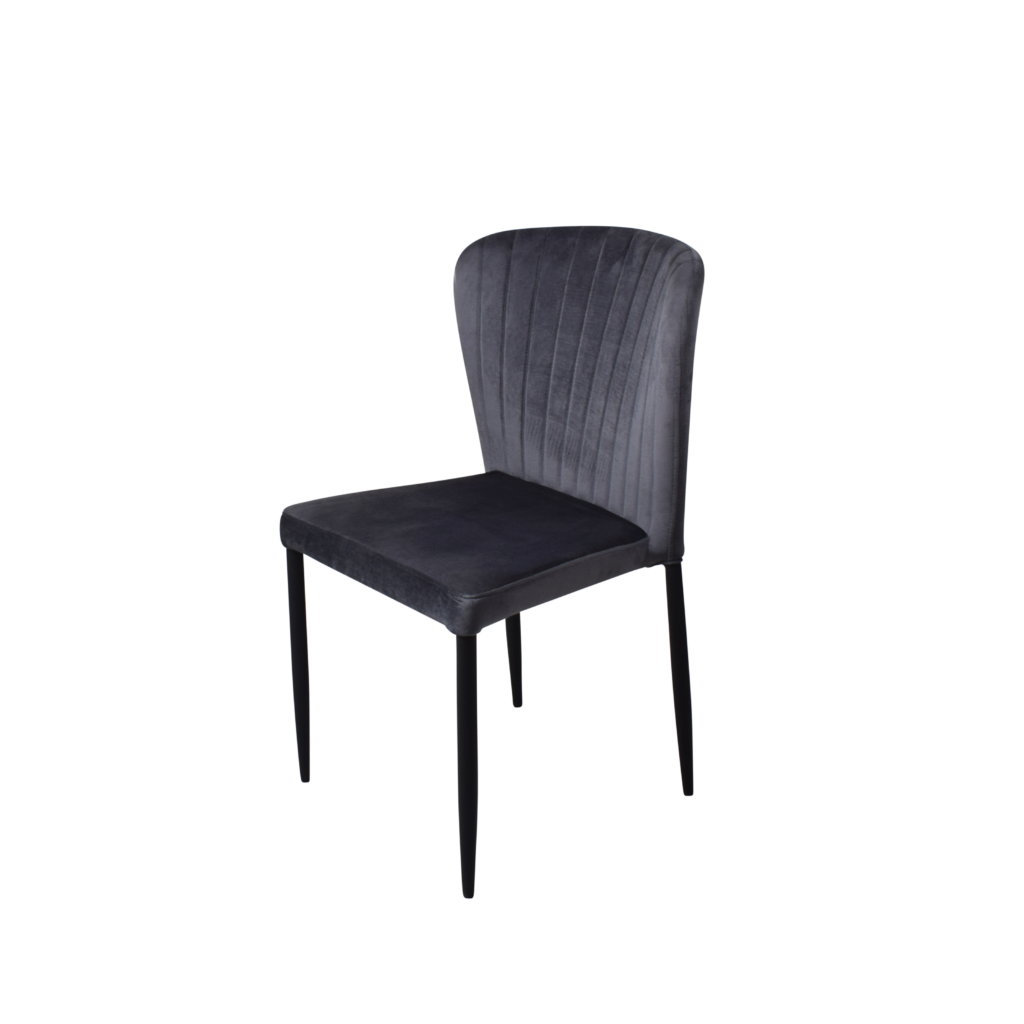 Elegante zwarte eetkamerstoel met gestikte rugleuning en houten poten.